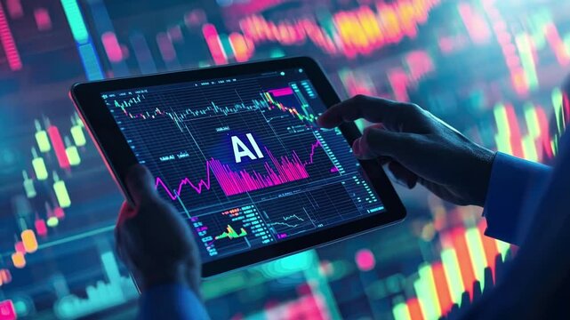  artificial intelligence technology for trading and market analysis on a tablet with a chart. The text "AI" floats above the smartphone screen,generative ai	
