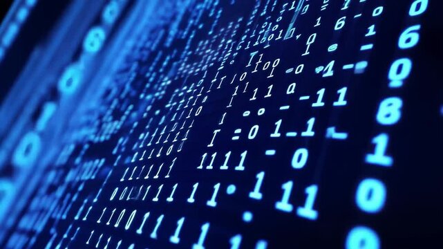 Blue digital background with a glowing chip and binary code screen with numbers and symbols, against a blue background,generative ai	
