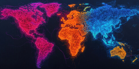 Global map visualization colorful representation of world regions digital art modern design high-tech environment