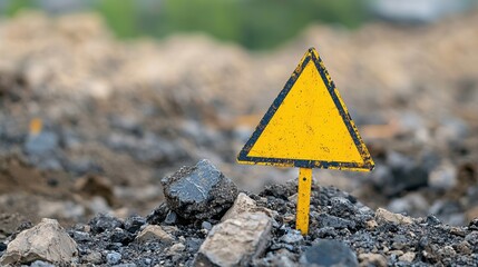 A yellow triangular warning sign stands on a rocky surface, indicating caution in a construction or excavation area.