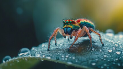 A vibrant spider perched on a dewy leaf, showcasing intricate details and colors.