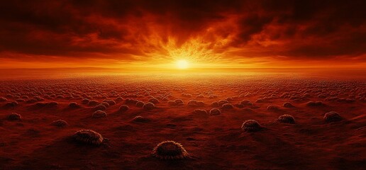 Fiery sunset over alien planet, landscape