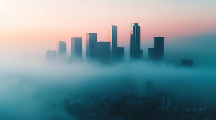 Fototapeta premium A misty skyline at dawn, with skyscrapers rising above the fog, creating a serene and ethereal urban landscape.