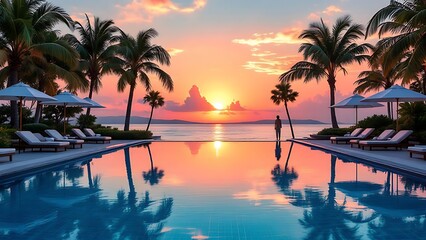 luxurious umbrella and chair arrangement around sparkling outdoor swimming pool of resort, with majestic coconut palm trees standing early morning