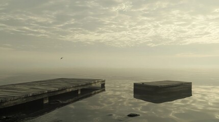 Serene Sunrise Lake Wooden Docks Calm Water Misty Sky