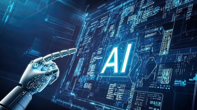 robot writing the word "AI" in large letters on a blue digital screen, with a binary code background. to represent artificial intelligence technology,generative ai	