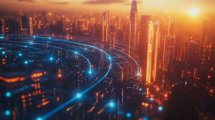 Fototapeta premium Smart Innovation city with connection cyber security network reciprocity over the sunset cityscape future wireless digital city and social media networking systems that connects people in the city