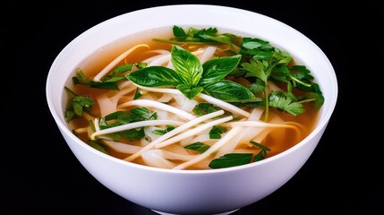A bowl of aromatic broth with herbs and rice noodles.