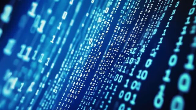 Blue digital background with a glowing chip and binary code screen with numbers and symbols, against a blue background,generative ai	
