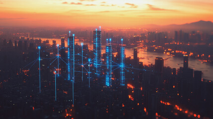 Obraz premium Smart Innovation city with connection cyber security network reciprocity over the sunset cityscape future wireless digital city and social media networking systems that connects people in the city