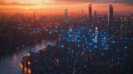 Fototapeta premium Smart Innovation city with connection cyber security network reciprocity over the sunset cityscape future wireless digital city and social media networking systems that connects people in the city