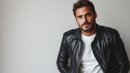 Obraz premium Professional photo of a man in a black leather jacket, white t-shirt, and jeans with a beard, standing with hands in pockets against a white background, full-body high-resolution portrait.