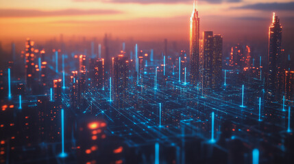 Fototapeta premium Smart Innovation city with connection cyber security network reciprocity over the sunset cityscape future wireless digital city and social media networking systems that connects people in the city