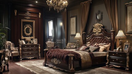 Luxurious bedroom with ornate furniture and elegant decor.