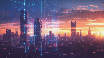 Fototapeta premium Smart Innovation city with connection cyber security network reciprocity over the sunset cityscape future wireless digital city and social media networking systems that connects people in the city