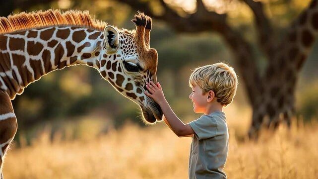 A young boy is petting a giraffe. The giraffe is looking at the boy with its head down
