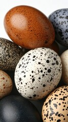 Obraz premium A collection of speckled eggs in various colors and patterns.