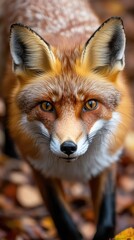 Fototapeta premium A close-up of a red fox with striking fur and expressive eyes amidst autumn leaves.