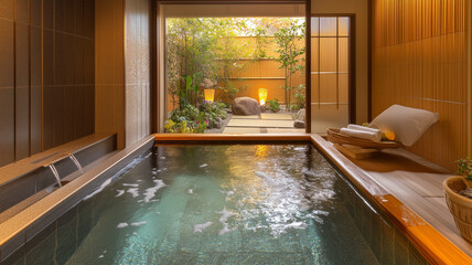 手作りの花飾りと露天風呂への和室の通路