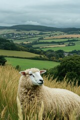Fototapeta premium A sheep stands in a grassy field with rolling hills and overcast skies in the background.