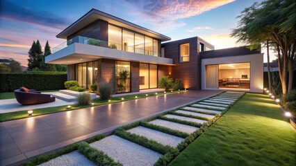 Obraz premium Modern Luxury Home Exterior at Dusk with Landscaped Garden and Pathway