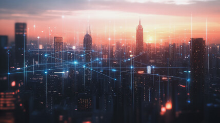 Smart Innovation city with connection cyber security network reciprocity over the sunset cityscape future wireless digital city and social media networking systems that connects people  in the city