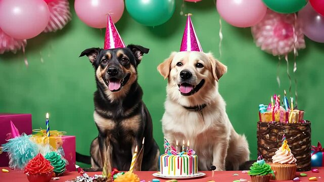 green border background featuring dogs celebrating birthday party offering vibrant festive scene use greeting cards event invitations video in 4k