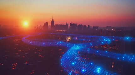 Obraz premium Smart Innovation city with connection cyber security network reciprocity over the sunset cityscape future wireless digital city and social media networking systems that connects people in the city