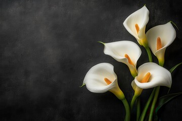 Elegant white calla lilies arranged on dark background. Perfect for sympathy cards, funeral programs, or memorial designs.