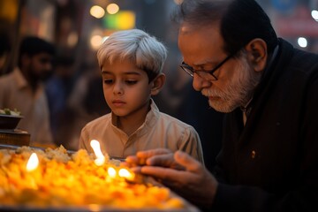 Grandfather and grandson light candles at night market