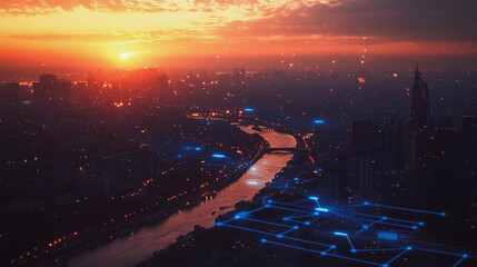 Smart Innovation city with connection cyber security network reciprocity over the sunset cityscape future wireless digital city and social media networking systems that connects people  in the city