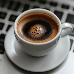 Aromatic Espresso in White Cup on Laptop Keyboard