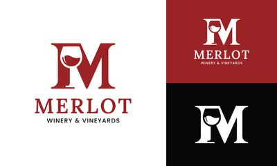 Letter Initial M Wine Glass Logo Design Template. Suitable for Bar Restaurant Cafe Winery Vineyard Pub Club Business Brand Company Logo Design.