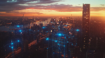 Fototapeta premium Smart Innovation city with connection cyber security network reciprocity over the sunset cityscape future wireless digital city and social media networking systems that connects people in the city