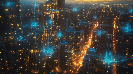 Obraz premium Smart Innovation city with connection cyber security network reciprocity over the sunset cityscape future wireless digital city and social media networking systems that connects people in the city