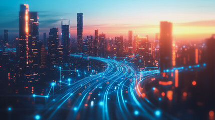 Fototapeta premium Smart Innovation city with connection cyber security network reciprocity over the sunset cityscape future wireless digital city and social media networking systems that connects people in the city