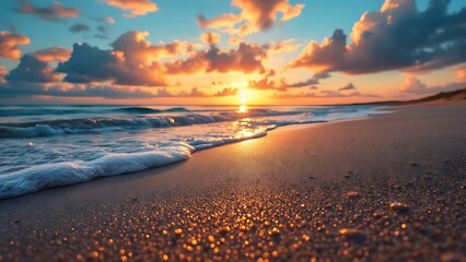 panoramic view of exotic coast landscape at sunrise reveals a breathtaking island paradise, with vibrant hues of sea and sky blending seamlessly, while close-up view of golden sand glistens