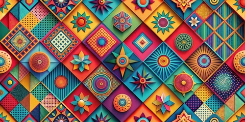 Vibrant Geometric Pattern Featuring Layered Colorful Shapes and Intricate Designs