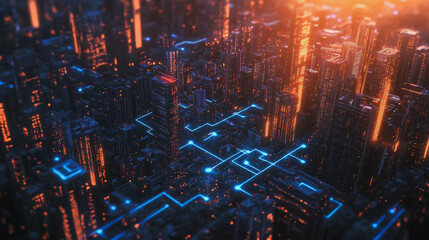 Smart Innovation city with connection cyber security network reciprocity over the sunset cityscape future wireless digital city and social media networking systems that connects people  in the city