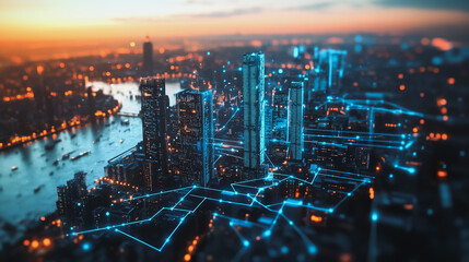 Fototapeta premium Smart Innovation city with connection cyber security network reciprocity over the sunset cityscape future wireless digital city and social media networking systems that connects people in the city