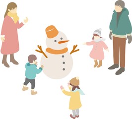 アイソメトリック　冬　雪　遊び　家族　ファミリー　キッズ　人物　男性　女性　子供　イラスト素材