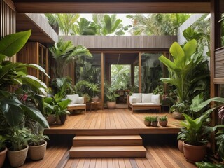 A small tropical house with a large wooden deck , surrounded by neatly arranged potted plants