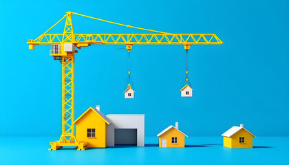 Fototapeta premium yellow construction crane house structure engineering architecture