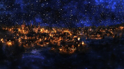 Naklejka premium Magical Snowy Village Night Scene Winter Wonderland Stars Cozy Houses Festive Lights