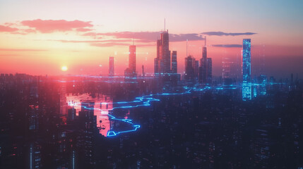 Fototapeta premium Smart Innovation city with connection cyber security network reciprocity over the sunset cityscape future wireless digital city and social media networking systems that connects people in the city