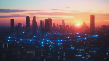 Fototapeta premium Smart Innovation city with connection cyber security network reciprocity over the sunset cityscape future wireless digital city and social media networking systems that connects people in the city
