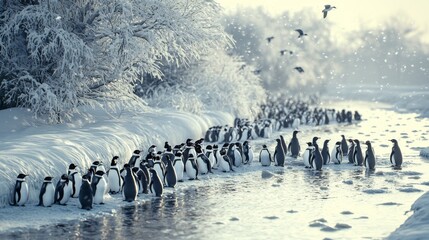 Obraz premium Majestic Penguins in Snowy Winter Wonderland Landscape