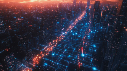 Obraz premium Smart Innovation city with connection cyber security network reciprocity over the sunset cityscape future wireless digital city and social media networking systems that connects people in the city