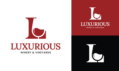 Letter Initial L Wine Glass Logo Design Template. Suitable for Bar Restaurant Cafe Winery Vineyard Pub Club Business Brand Company Logo Design.