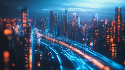 Obraz premium Smart Innovation city with connection cyber security network reciprocity over the sunset cityscape future wireless digital city and social media networking systems that connects people in the city